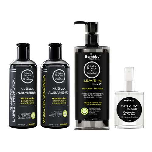 Combo Kit Black Alisamento Orgânico para Grisalhos - Shampoo 120ml, Mascara de Alisamento 120ml, Leave-in/Protetor Térmico 250g e Serum 35ml