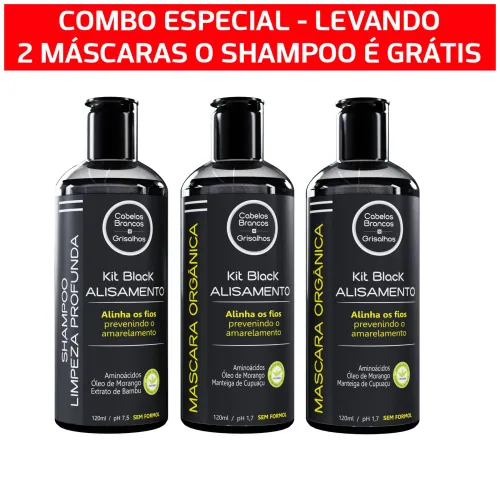 Combo - Kit Black Alisamento Orgânico para Grisalhos - 1 Shampoo e 2 Máscaras de Alisamento - 120ml cada