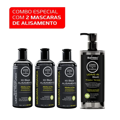 Combo - Kit Black Alisamento Orgânico para Grisalhos - 1 Shampoo e 2 Máscaras de Alisamento e 1 Leave-in Protetor Creme