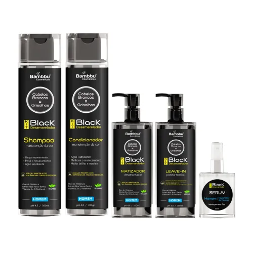 Kit Black Desamarelador Homem - Shampoo 300ml, Condicionador 300ml, Matizador 200gr, Leave-in 200gr e Serum 35ml