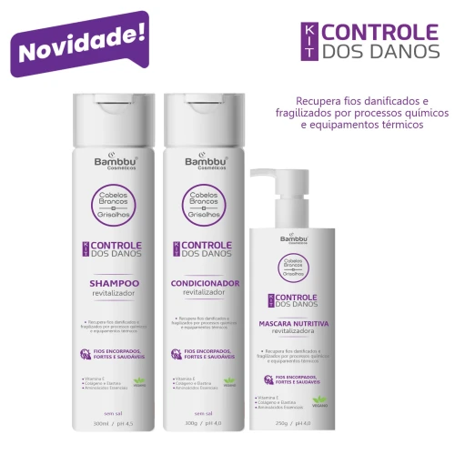Kit Controle dos Danos para cabelos grisalhos fragilizados - Shampoo 300ml, Condicionador 300ml e Mascara Nutritiva 250g
