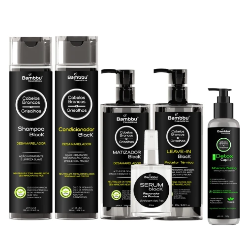 Kit Black Desamarelador - Shampoo, Condicionador, Matizador, Leave-in, Serum e Detox Capilar para Cabelos Brancos e Grisalhos (6 passos)