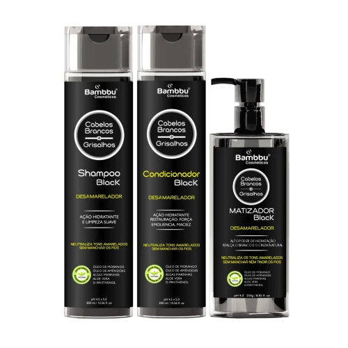 Kit Black - Shampoo, Condicionador e Matizador Desamarelador para Cabelos Brancos e Grisalhos (3 passos)