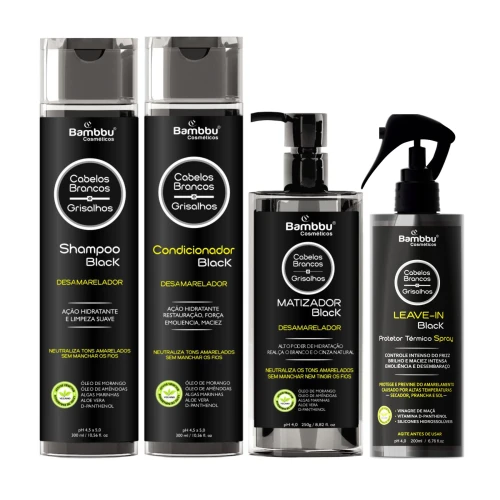 Kit Black - Shampoo, Condicionador, Matizador Desamarelador e Protetor Térmico em Spray para Cabelos Brancos e Grisalhos (4 passos)