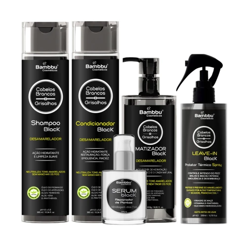 Kit Black - Shampoo, Condicionador, Matizador, Protetor Térmico Spray e Serum Desamarelador para Cabelos Brancos e Grisalhos (5 passos)