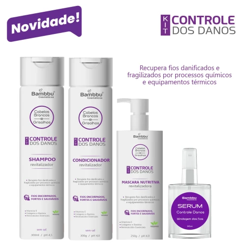Kit Controle dos Danos para cabelos grisalhos fragilizados - Shampoo 300ml, Condicionador 300ml, Mascara Nutritiva 250g e Serum35ml